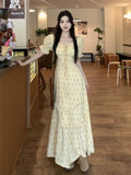 MQTIME  -  Women Dresses Floral Printed Puff Short Sleeve Bandage Summer Fashion Ruffles Square Collar Sweet Elegant Dress Female