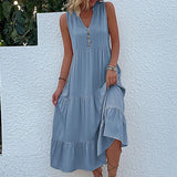 MQTIME  -  Solid Color Straight Tank Dress Sleeveless Holiday Viscose Maxi Dress Button Up V Neck Boho Dress Vacation Robes