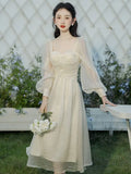 MQTIME  -  French Sweet High Grade Waist Slimming Bubble Sleeve Vintage Dress for Women Spring Square Neck Gentle Style A-line Long Dresses