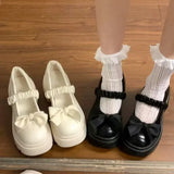 MQTIME  -  Chunky Platform High Heels Pumps Women Summer Leather Bow  Mary Jane Shoes Woman Thick Heeled Off White Black Lolita Shoes