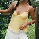 MQTIME  -  Sexy Flowy Crinkle Texture Camisole Top Lace Trim Y2K  Adjustable Spaghetti Strap Bow Front Babydoll Tank Top Ladies Crop Vest