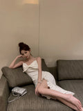 MQTIME  -  Woman Dress Elegant Bowknot Irregular Ruffles V Neck Sleeveless Splir Slim Mermaid Dresses Party Cocktail Temperament