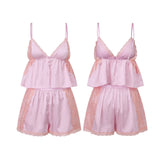  MQTIME  -  Summer Women Retro Satin Pajama Sets Sleeveless Camisole Tops with Shorts 2 Piece Outfits Lace Trim Sleepwear