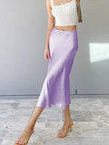 MQTIME  -  Women Chic Satin Solid Midi Skirt Lady High Waist Zipper Slim Calf-length Loose Fishtail Skirts Daily Street Casual Wear