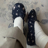 MQTIME  -  Comfort Leather Slip on Flats Cartoon Blue Print Bow Knot Detail Classic Mary Jane Ballet Shoes Outdoor Casual Dress Footwear