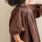  MQTIME  -  French Round Neck Pleated Cotton Crepe Muslin Dress Girls Autumn New Casual Loose Retro Brown Children's Dresses