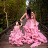 MQTIME  -  Puffy Pink Mother And Daughter Matching Dresses For Family Look V   Neck Ruffles Layered Photo Shoot Mom And Me Evening Outfits