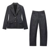  MQTIME  -  Women Denim Jacket Pants Sets Long Sleeve Blazer Coat Strapless Vests Straight Trousers Jeans Fashion High Street Outfit
