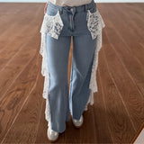 MQTIME  -  Y2k Women Light Blue Lace Denim Wide-leg Jeans High Street Stylish for Daily Wear Elegant Fashion Denim Pants Dragging Casual