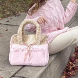 MQTIME  -  Sweet Utility Tote, Plush Deer Spot Bag With Lace Bow, Lolita Style Large Capacity Crossbody, Brown Pink Soft Shoulder Bag