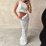 MQTIME  -  Women Sexy Hottie Sleeveless Party Dress 2024 Elegant Lace Fringe Ruffle Slim Dress Fashion O-Neck Hollow Out Solid Long Dresses