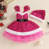 MQTIME  -  3 Colors Lovely Kids Girls Christmas Dress Outfit Sleeveless Backless Sequined Patchwork Slip Dress with Hat