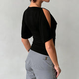  MQTIME  -  Women's Elegant Black Cold Shoulder Top with Draped Neckline Ruched Waist Short Flared Sleeves Casual & Chic Crop Clothes