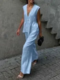 MQTIME  -  Fashion Solid Elastic Waist Wide Leg Loose Pants Suit Women Sleeveless Off Shoulder Ruffles Deep V-neck Top Sets New Street Wear