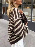 MQTIME  -  Autumn Winter New Fur Soft Button Jumpers Vintage Stripe Print Long Sleeve Cardigans Elegant V-neck Women's Commute Sweater Coat