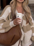 MQTIME  -  Fashion Color Blocking Long Sleeved Sweater Coat Elegant Office Women's Knitwear New Autumn V Neck Laced Loose Fit Cardigan