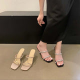 Mqtime Rhinestone Narrow Band Fashion Summer Outside Slides Thin High Heels Dress Shoes Woman Slip On Party Pumps Beige Black Elegant