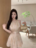 MQTIME  -  Pink Tie Dye Dresses Heavy Industry Diamond Encrusted Neck Dress Women Summer Sleeveless Temperament Short Vestido