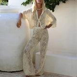 MQTIME  -  2 Piece Sets Knitted Openwork Outfit For Women Summer Casual Beach Suits Loose Single Breasted 3/4 Sleeve Tops And Pants Sets