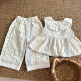 MQTIME  -  New Summer Korean Style Children Clothes Suit Sleeveless Cotton Flower Printed Shirt+Pants Baby Girls Clothing Set