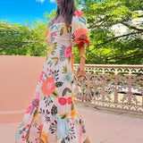 MQTIME  -  Summer Dress Elegant Women Flower Printed Maxi Dress High Waisted Short Sleeve Square Collar Summer Fashion Holiday Dresses
