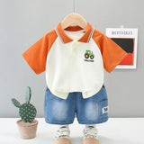 MQTIME  -  Summer Kids Boy Clothes Korean Fashion Cute Cotton Short Sleeve Tops+Denim Shorts Baby Boutique Clothing Children's Sets BC2127