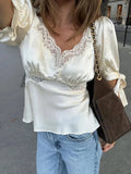 MQTIME  -  Women's Elegant Satin Blouse Top with Lace Trim Puff Sleeve Square Neck Tie Cuff Sweetheart Neckline Casual Office Lady Clubwear