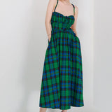 MQTIME  - Vintage Green Plaid Dresses Women Midi Sexy Backless Beach French Victorian Dress Retro Elegant Lace-up Long Strap Dress