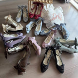 MQTIME  -  Japanese Vintage Elegant Lolita Mary Jane Shoes Wome Sweet Pointed Tip Bow Velvet Thin High Heels Chic Birthday Tea Party Pumps