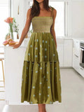 MQTIME  -  Strap Long Dress Summer Wrapped Embroidery Dress A-line Sunflower Design Ruffled Midi Length Vestidos Boho Robes