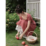 MQTIME  -  Red Gingham Checkered Dress With Lace Hem For Spring Summer Garden Outfits Women's Casual Floral Style Elegant Fit And Flare Mid