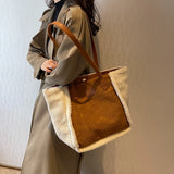 Mqtime Lamb Wool Plush Large Tote Bags For Women Trendy Faux Fur Suede Shoulder Bag Woman Designer Color Contrast Shopping Handbags