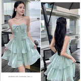 MQTIME  -   Summer French Style Bow Tie Green Dress Sexy Strapless Pleated Waist Slim A-line Cake Dress Princess Glossy Ruched Mini Dresses