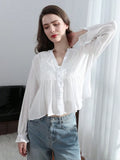  MQTIME  -  Women Elegant Chic Blouse Floral Embroidery Hollow Out Long Sleeve Buttons Shirts Spring Summer Casual Office Lady Tops