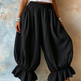 MQTIME  -  New Women Summer Casual Lantern Pants Fashion Falbala Ruffle Hem Elastic Waist Cotton Linen Blend Loose Fit Ladies Trousers