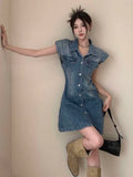 MQTIME  -  The Newest Fashion Wear Take Fashion Women Vintage Polo-neck Sleeveless Denim Blue Dress Party Cocktail Short Mini Dress