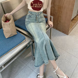 Mqtime High Waist Hollow Sexy Slim Denim Fishtail Skirt Women Summer New Streetwear Fashion All Match Mid-length Skirt