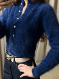 MQTIME  -  Women's Casual Fuzzy Knit Cardigan Sweater Crew Neck Long Sleeve Button Front Cropped Mohair Soft Warm Winter Outerwear