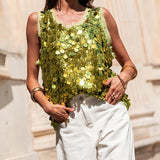 MQTIME  -  Summer Elegant O-neck Hight Street Loose Blouse Women's Casual Solid Color Shirt Fashion Shiny Sequins Sleeveless Pullover Tops
