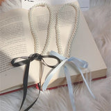 Mqtime Kpop Goth Lolita Y2K Romantic Pearl Beaded Choker Fashion Pink Black Adjustable Bow Necklace Banquet Wedding Jewelry Accessories