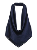  MQTIME  -  Women Dark Denim 2 Piece Set Halter V Neck Rivet Trim Draped Cowl Top High Waist Wide Leg Pleated Long Trousers Matching Outfit