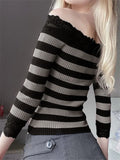  MQTIME  -  Women Long Sleeve Knit Tops Off-Shoulder Striped Casual Pullovers Sweater Fall Shirts  Y2K Aesthetic Clothes Streetwear