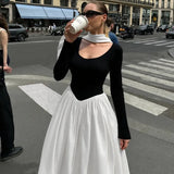 MQTIME  -  Fashion Autumn and Winter New Women's Fashion Contrast Sexy U-neck Long Sleeves Waist Big Swing Dress for Women