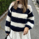 MQTIME  -  Women Autumn Winter Loose Fit Knitwear Jumpers Vintage Striped Fuzzy Knitted Sweater Casual Boat Neck Long Sleeve Pullover Tops