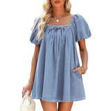 MQTIME  -  Summer New Fashion Square Neck Women Bubble Sleeve Dress Simple Strap Up Elegant Female Denim Short Dresses