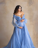 Mqtime Fluffy Blue Ruffle Tulle Maternity Dress for Photoshoot Off Shoulder Pregnancy Photography Dress Maternity Gown Robes with Sash