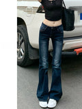 MQTIME  -  Retro Deep Blue Denim Jeans Women's Spring Slim Fit Elastic Micro Flared Pants Small Stature Casual Low Waist Long Trousers