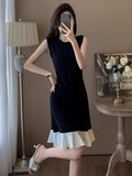 MQTIME  -  Spring New Women's Dress Black White Color Blocking Sleeveless Knit Dress Casual Round Neck Slim Fit A-line Skirt