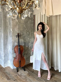 MQTIME  -  Elegant Sheer Mesh Sexy Maxi Dress For Women White See Through Spaghetti Strap Sleeveless Thigh High Split Long Dress