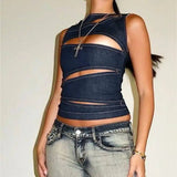MQTIME  -  Casual Denim Crop Top Women Slim Hollow Out O-neck Vest Female Sleeveless Summer Stylish Tops Lady High Street Cool Club Party